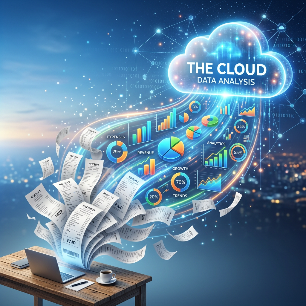 Digital receipts and financial charts flowing from laptop to cloud data analysis platform