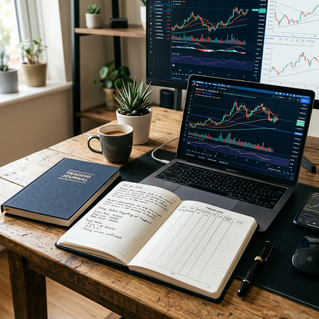 Trading journal and laptop displaying stock charts on wooden desk with coffee cup and plant